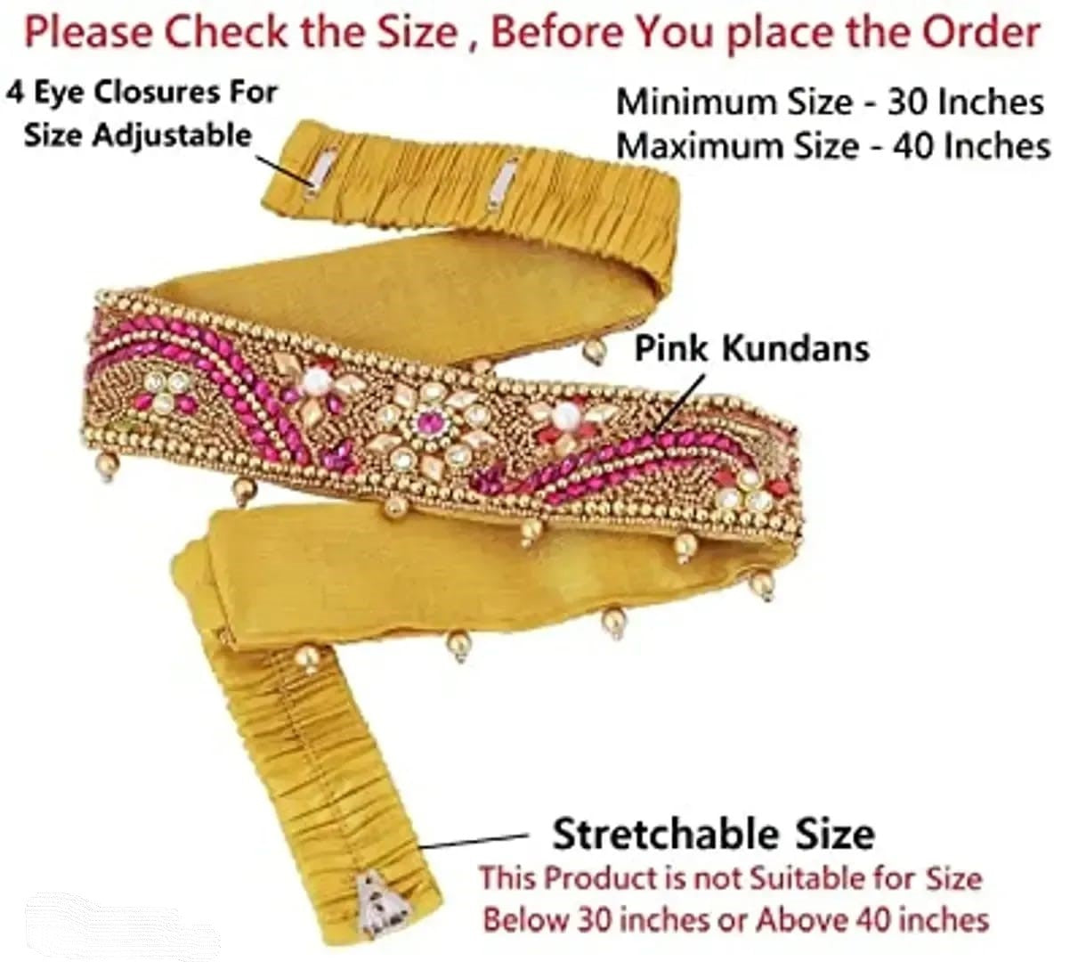 Vama's CRAFT stretchable Cloth Vaddanam kamarbandhani, waist belt,belly chain.  This is a Traditional Belt called Kamarbandh, Waist Belt or Belly Chain wore on Saree or traditional Gown or Lehenga. Traditional look with embroidered Golden Belt ( Kmarbandh ) for wedding season. Jewellery Golden Zari Embroidery Wedding Saree Waist Belt, Belly Chain, Wide Hand Embroidery.